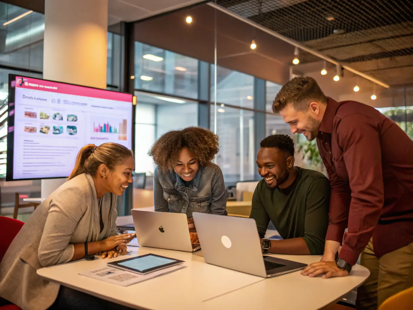 An image depicting a team collaborating on social media content creation, showcasing Mosaico Media Company's expertise in social media management.